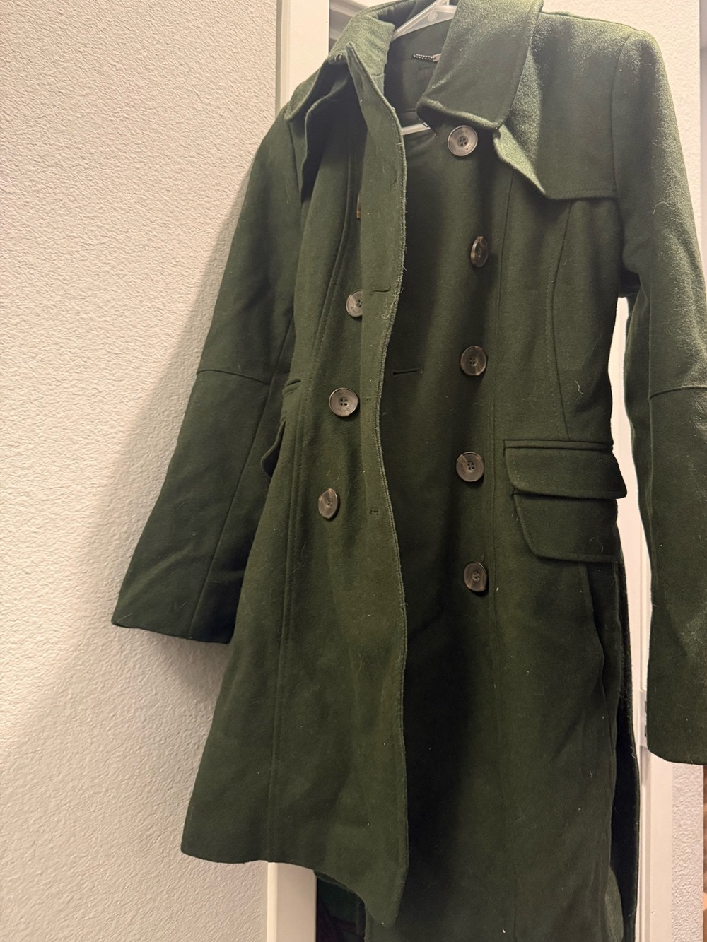 DKNY Olive Green Double-Breasted Wool Pea Coat